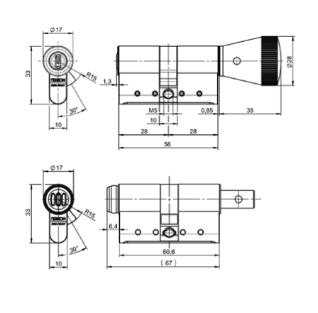 Wkładka dwustronna Cliq GO z pokrętłem wymiary